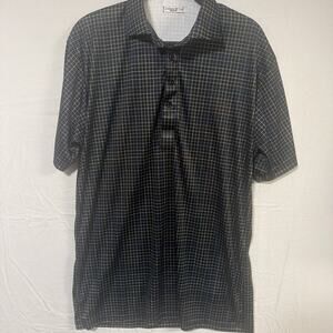 Collars & Co Polo Shirt Mens Medium Black Blue Grid Pattern Short Sleeve